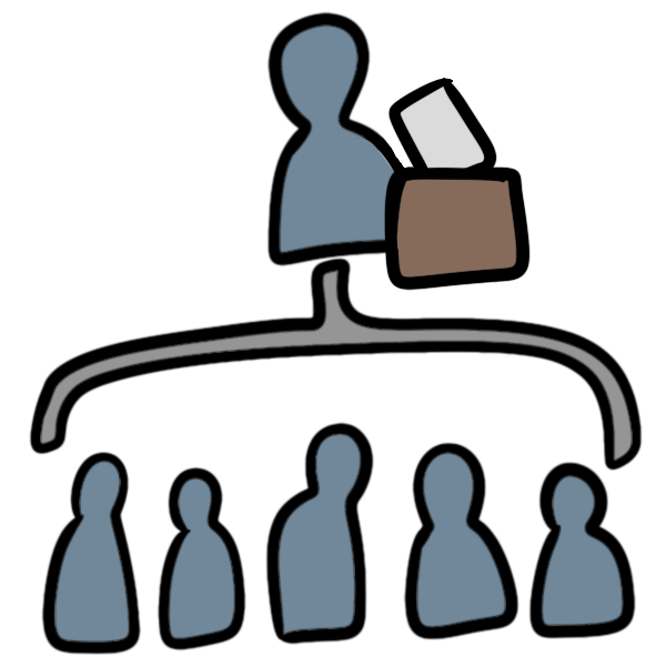  a diagram that shows one person with a bracket beneath them that has five more blue people under it. next to the person on top is a brown box with a white rectangle partially put into it representing a voting box.